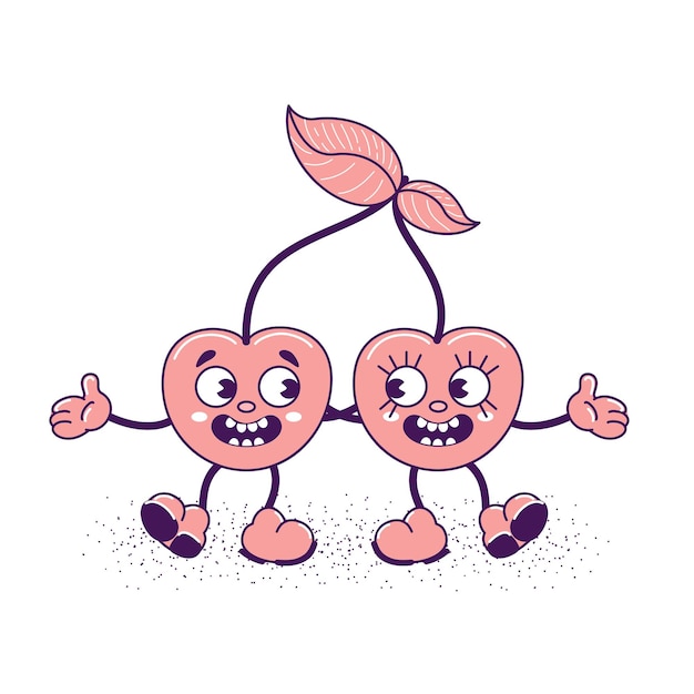 A couple of cherries in love dance and smile Funny cute characters with faces Trendy old retro cartoon style Vintage vector illustration for valentines day sticker poster postcard