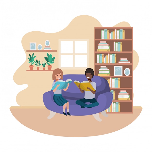 Couple of children with book in livingroom avatar character