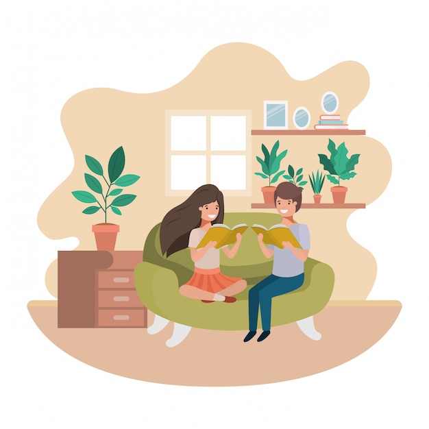 Couple of children with book in livingroom avatar character