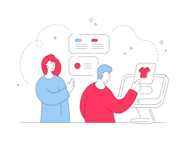 オンラインストアで服を選ぶカップル。平らな線図