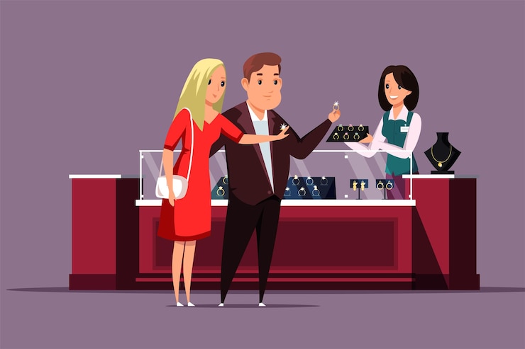 Vector couple choosing jewelry illustration husband buying golden diamond ring for wife cartoon characters