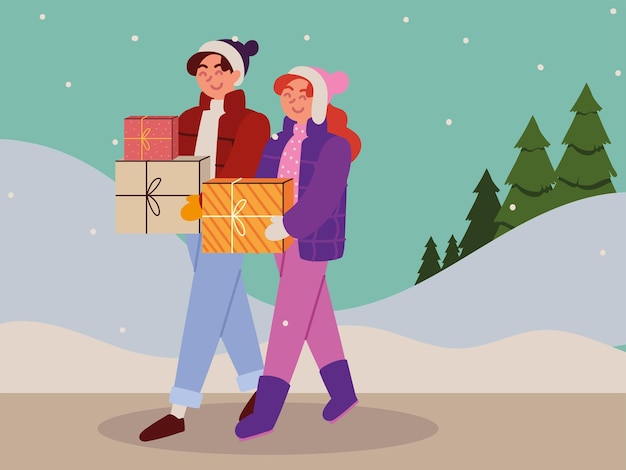 Vector couple and christmas gift