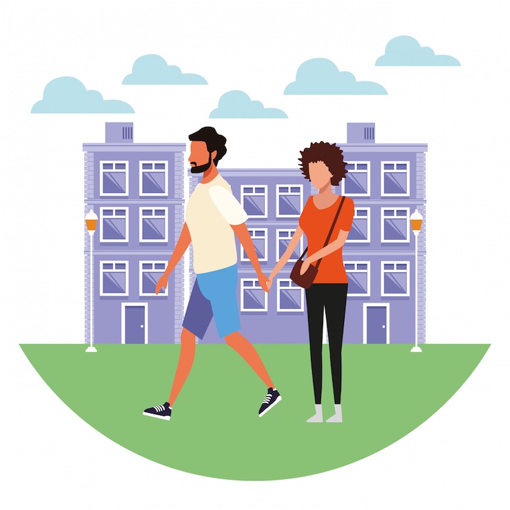 Vector couple at city cartoon