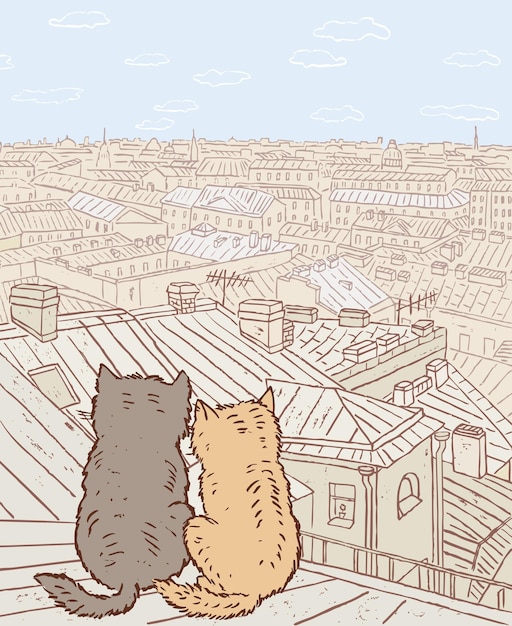 Couple of city cats sit on the rooftop