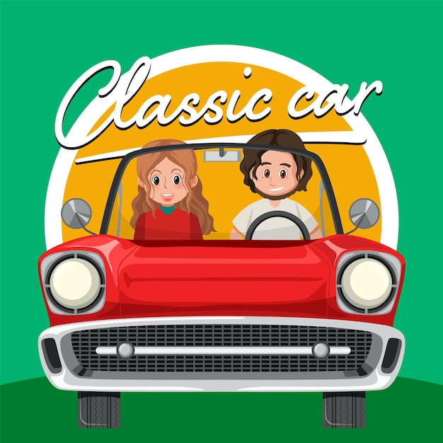 Couple in classic car in cartoon style