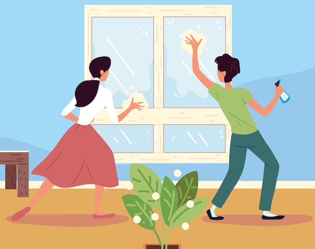 Vector couple cleaning window