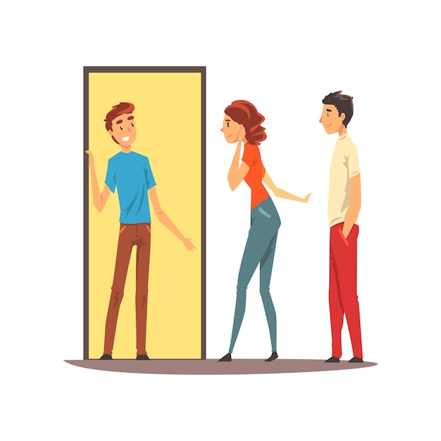 커플은 함께 즐거운 시간을 보내고 있는 친구의 집에 옵니다 벡터 일러스트