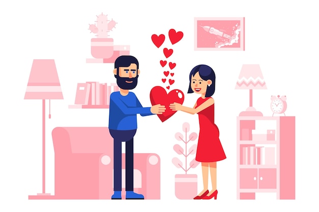 La coppia si congratula a vicenda il giorno di san valentino contro nel soggiorno. uomo e donna festeggiano san valentino. illustrazione vettoriale.