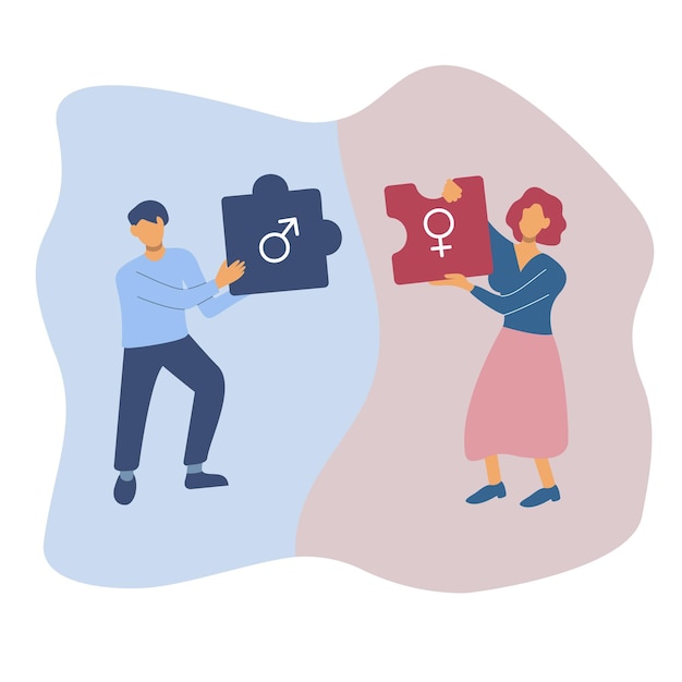 Пара, соединяющая головоломку отношений мужчина и женщина держат кусочки головоломки плоская иллюстрация