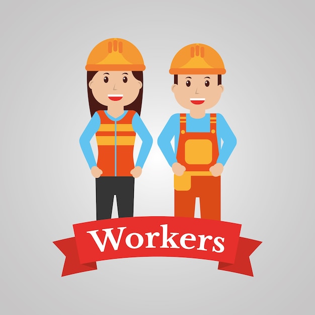 Couple of construction workers characters workwear overalls standing