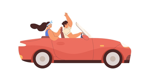 Vector couple in convertible car on summer road trip. happy man and woman ride cabriolet. people driving cabrio. male and female travel by auto. flat graphic vector illustration isolated on white background