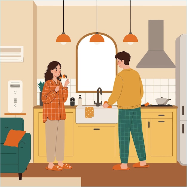現代 の キッチン で 料理 と 掃除 を する 夫婦
