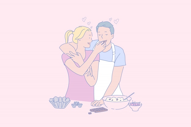 Couple cooking dessert together illustration