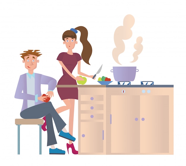 Vector couple cooking dinner at home in the kitchen. young man and woman preparing food at the kitchen table.  illustration,  on white background.