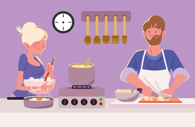 Vector couple cooking food