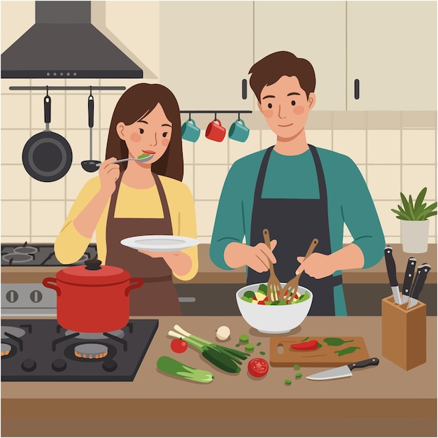 couple cooking healthy meal together in kitchen