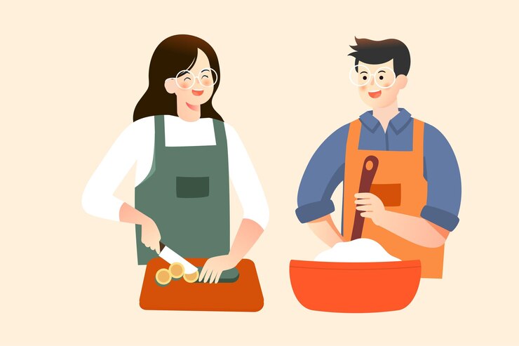 주방 주방에서 요리하는 커플과 배경 벡터 삽화의 칼붙이