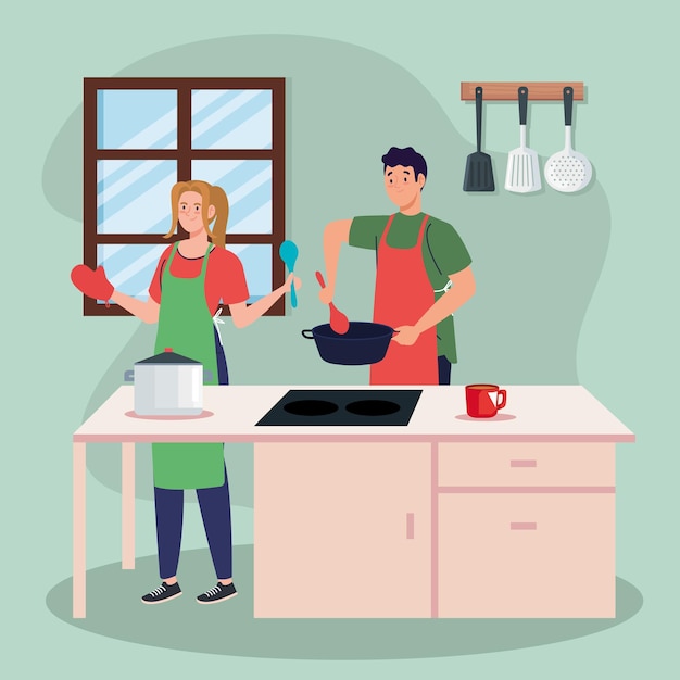 Vector couple cooking with pot