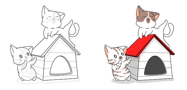 Couple cute cat in house cartoon coloring page