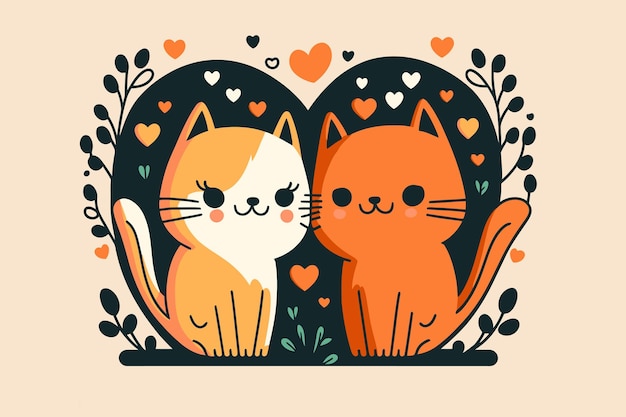 Vector couple cute cat in love animal valentine day card invitation background