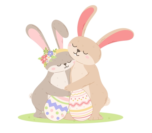 A couple of cute embracing hares with decorated Easter eggs Vector isolated cartoon illustration