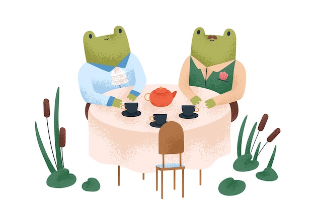 날짜에 귀여운 개구리의 커플입니다. 유치한 캐릭터들, 늪의 식탁에서 아침에 차를 마시는 재미있는 동물들. 어린이집 동화. 흰색 배경에 고립 된 어린이 평면 벡터 일러스트 레이 션