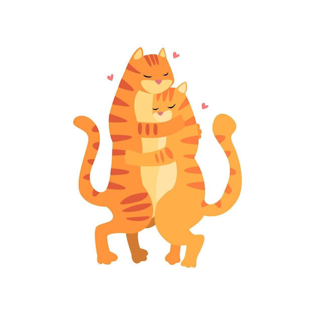 Couple of cute tigers in love embracing each other two happy aniimals hugging with hearts over their head vector Illustration isolated on a white background