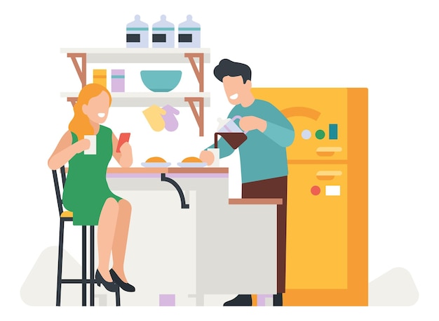 Couple daily routine Everyday activity Guy and girl living together Home kitchen Man and women take breakfast Family lifestyle People eat meal or drink coffee Vector illustration