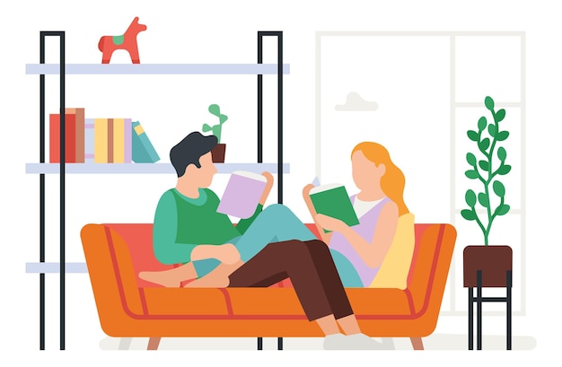 Couple daily routine everyday activity happy guy and girl living together people sitting on sofa man and woman reading books relaxing on couch home leisure vector illustration