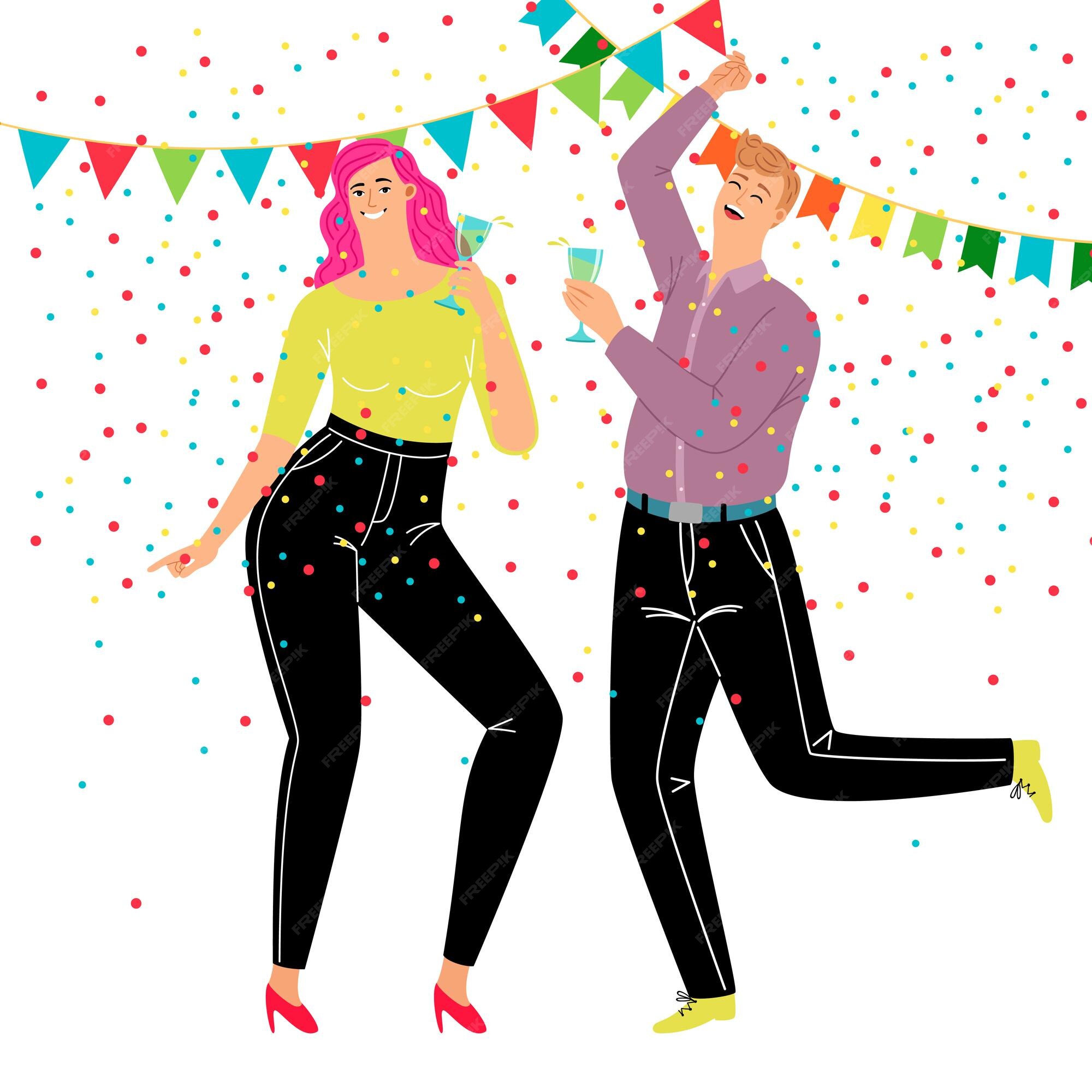 Premium Vector | Couple dancing party. cartoon happy persons celebrate in trendy business costumes, concept of partying and rest, vector illustration of characters drinking and dance in confetti Premium Vector | Couple dancing party. cartoon happy persons celebrate in trendy business costumes, concept of partying and rest, vector illustration of characters drinking and dance in confetti