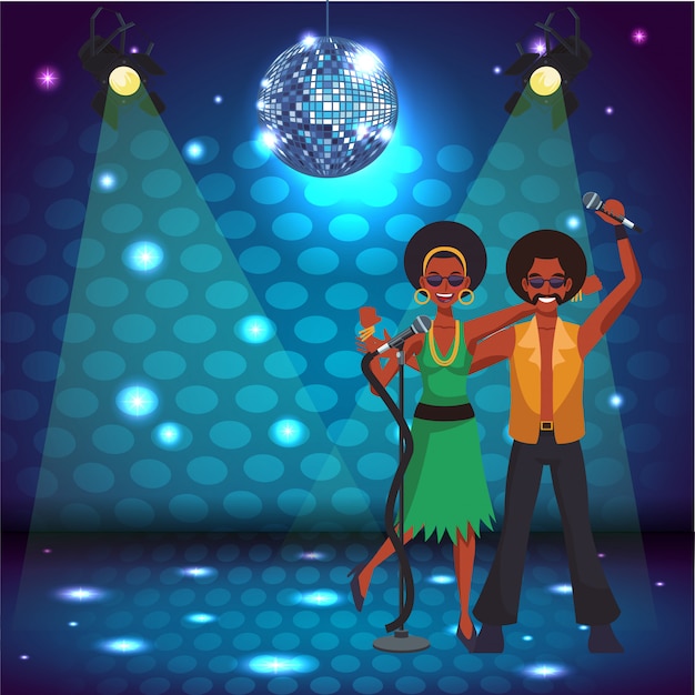 Vector couple dancing and singing at disco retro cartoons