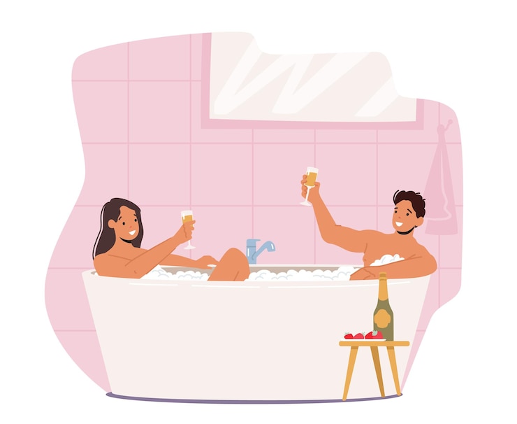 Vector couple date in bathtub, relaxation, body care, honeymoon concept. young man and woman sitting in bath tub with foam
