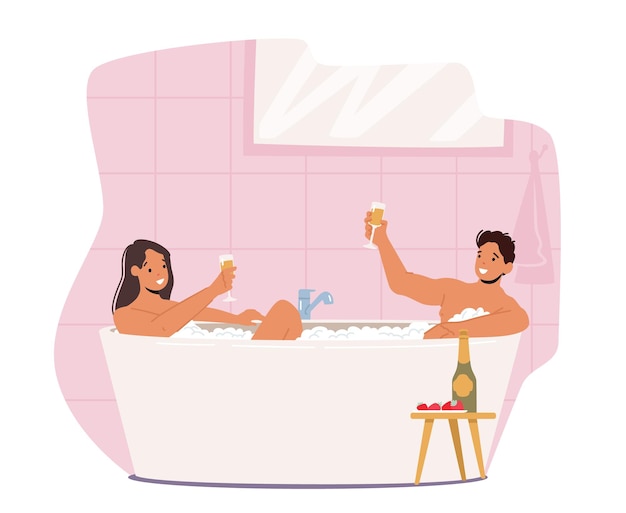 ベクトル バスタブ、リラクゼーション、ボディケア、ハネムーンコンセプトのカップルデート。泡と浴槽に座っている若い男と女