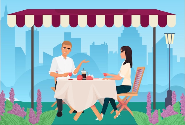 Vector couple dating and having breakfast outdoor restaurant