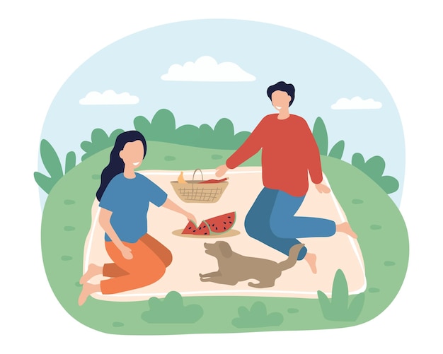 Couple dating on picnic man and girl relaxing in nature with their dog walking with pets outdoor