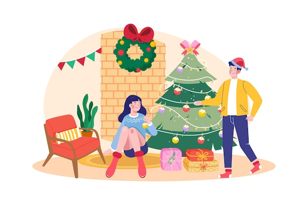 Vector couple decor christmas tree together