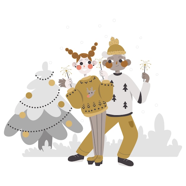 Vector couple decorating christmas tree