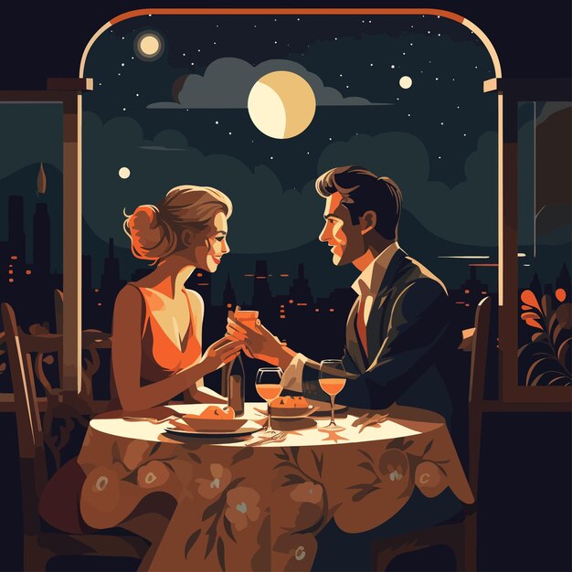 Vettore coppia_ cena_ romantica_ cena_ amore_ ristorante