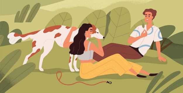 Couple and dog relaxing in nature on summer holidays. Happy man and woman resting outdoors with doggy. People sitting on grass with pet, canine animal at leisure time. Flat vector illustration