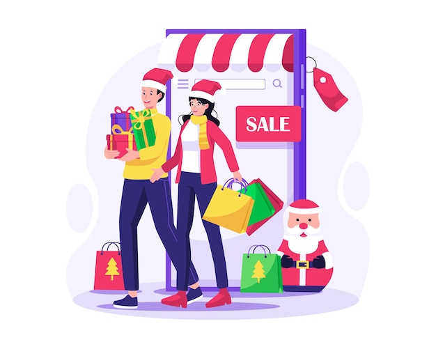 큰 스마트폰 삽화로 온라인 시장 상점에서 크리스마스 쇼핑을 하는 커플