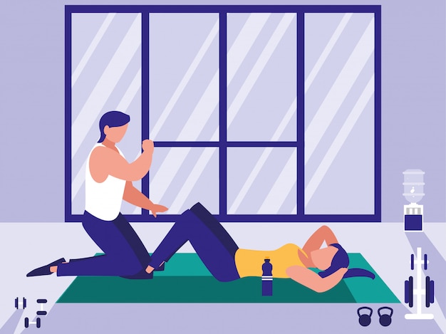 Vector couple doing crunches in the gym