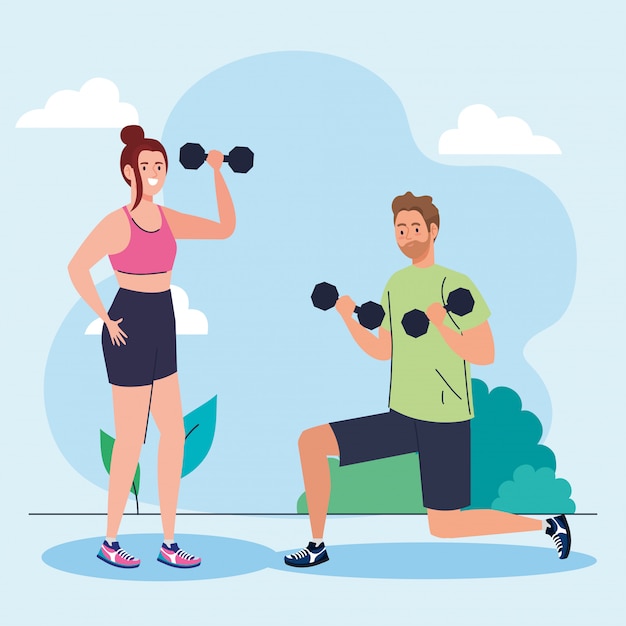 Couple doing exercises with dumbbells outdoor, sport recreation exercise