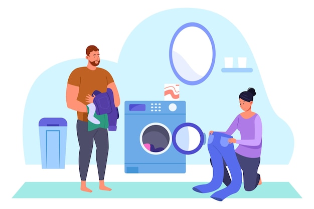 Couple doing laundry together Man and woman washing clothes