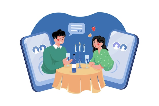 デートアプリで仮想デートをするカップル