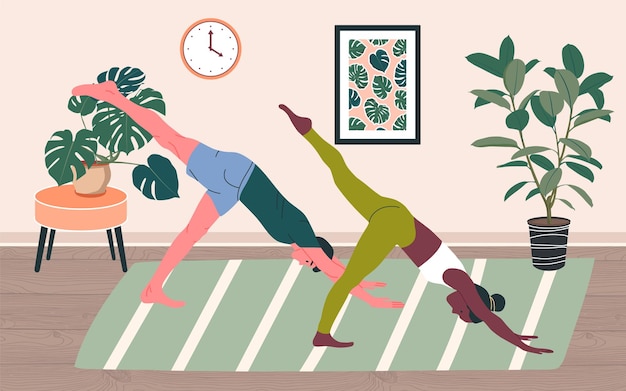 Coppia che fa yoga a casa. illustrazione vettoriale di esercizio di yoga. persone in stile cartone animato che fanno yoga, asana