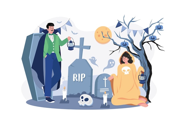 The Couple Dressed Up As Demons And Ghosts With Tombstones Skulls And Candles