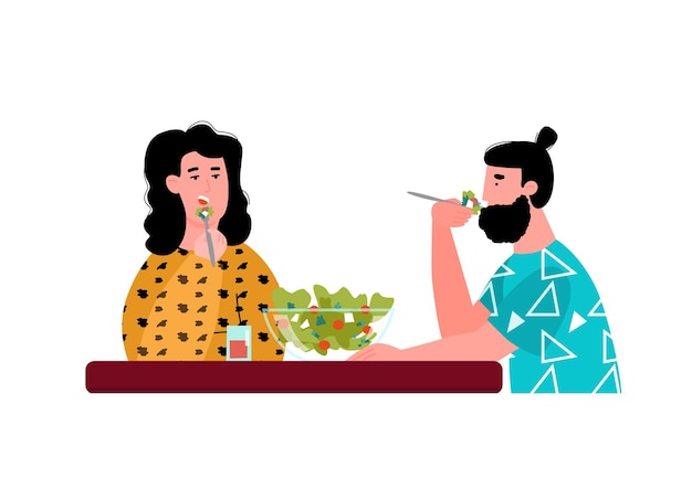 Vector couple eating food together  cartoon people sharing salad dish together