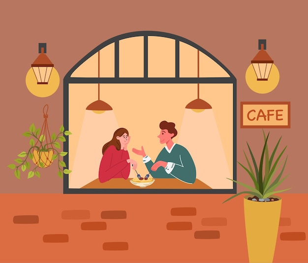 Пара ест в кафе молодая девушка вместе с парнем на свидании в ресторане встреча любовных отношений векторная плоская иллюстрация