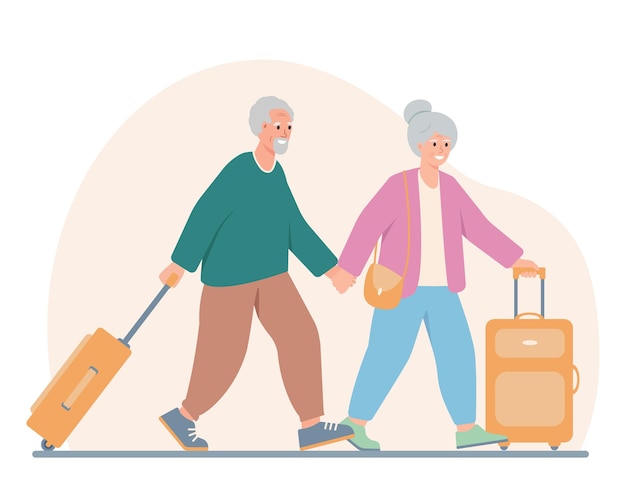 Couple of Elderly People tourists Grandparents with suitcases Senior smiling men and women travel