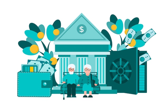 Vector couple of elderly retirees bank wallet money social insurance deposits concept vector illustration